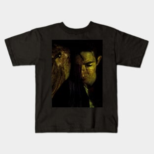 Portrait, collage, special processing. Man, looking down. On left demon of gold. Gold. Kids T-Shirt